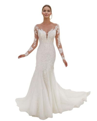 SPSMOKH Hochzeitskleid aus floraler Spitze für Damen, Brautkleid aus Tüll für Strand, Brautkleid für Damen, langärmlig (Elfenbein, 16) von SPSMOKH