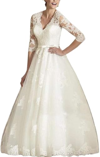 SPSMOKH Hochzeitskleider Spitze Vintage Brautkleid Brautmode Langarm Standesamt A-Linie Hochzeitskleid (A-Weiß, 10) von SPSMOKH