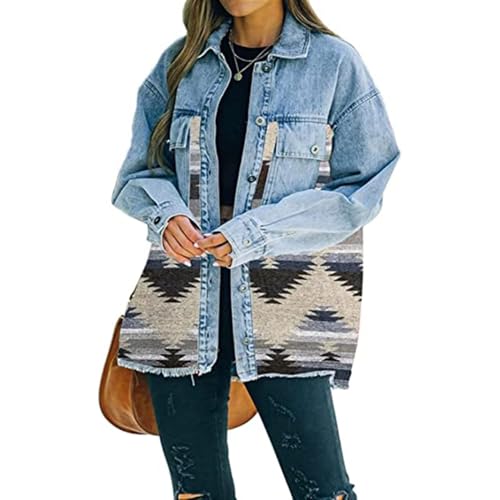 SPSMOKH Jeansjacke Damen Kariert Patchwork Übergangsjacke Denim Frühling Herbst Brautjacke Langarm Hemd Kurze Jacke Freizeit Oberteil Jacke Tops Mäntel Outwear (Blau, M) von SPSMOKH