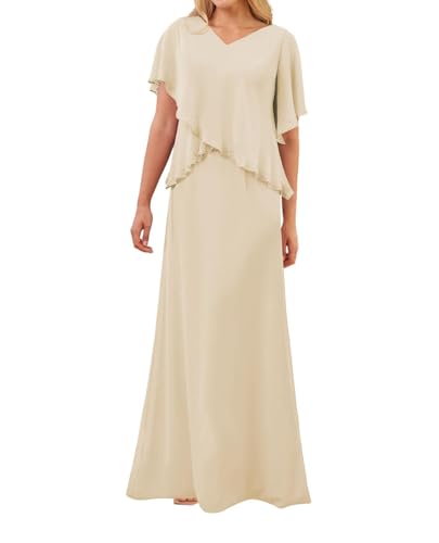 SPSMOKH Kleid für die Brautmutter langes Chiffon-elegantes Hochzeitskleid mit Ärmeln (Champagner, 30) von SPSMOKH