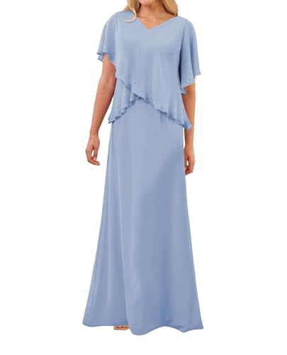 SPSMOKH Kleid für die Brautmutter langes Chiffon-elegantes Hochzeitskleid mit Ärmeln (Dirty Blue, 14) von SPSMOKH