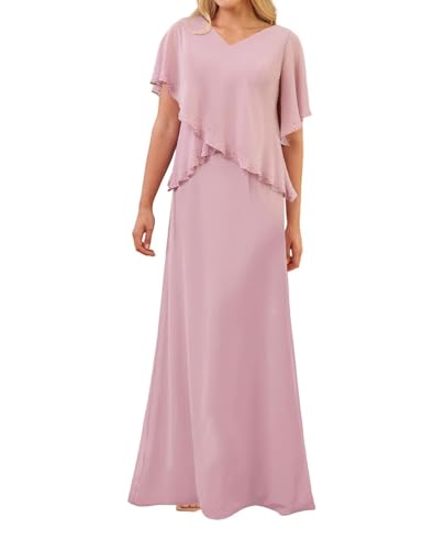 SPSMOKH Kleid für die Brautmutter langes Chiffon-elegantes Hochzeitskleid mit Ärmeln (Dunkelrosa, 10) von SPSMOKH