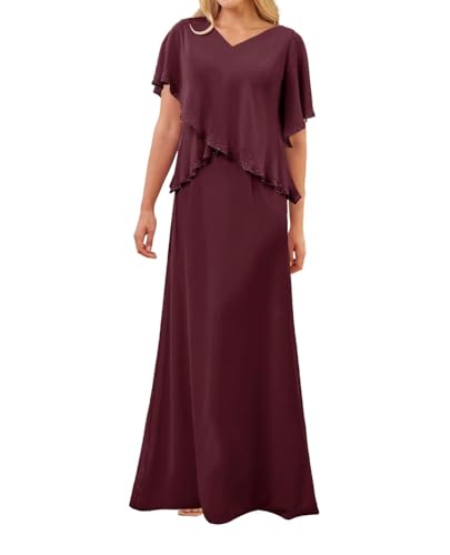 SPSMOKH Kleid für die Brautmutter langes Chiffon-elegantes Hochzeitskleid mit Ärmeln (Dunkelrot, 6) von SPSMOKH