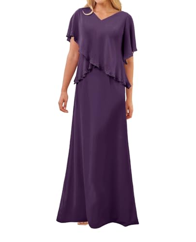 SPSMOKH Kleid für die Brautmutter langes Chiffon-elegantes Hochzeitskleid mit Ärmeln (Dunkelviolett, 30) von SPSMOKH