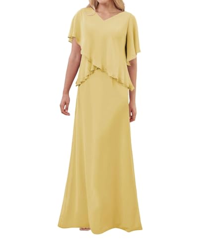 SPSMOKH Kleid für die Brautmutter langes Chiffon-elegantes Hochzeitskleid mit Ärmeln (Gold, 28) von SPSMOKH