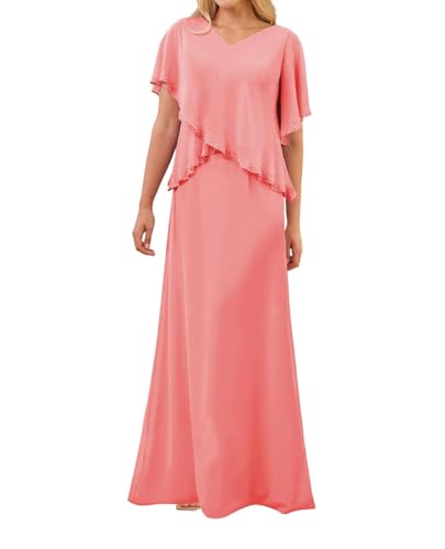 SPSMOKH Kleid für die Brautmutter langes Chiffon-elegantes Hochzeitskleid mit Ärmeln (Koralle, 14) von SPSMOKH