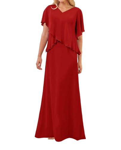 SPSMOKH Kleid für die Brautmutter langes Chiffon-elegantes Hochzeitskleid mit Ärmeln (Rot, 32) von SPSMOKH