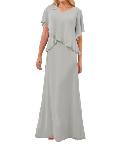 SPSMOKH Kleid für die Brautmutter langes Chiffon-elegantes Hochzeitskleid mit Ärmeln (Silber, 10) von SPSMOKH