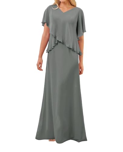 SPSMOKH Kleid für die Brautmutter langes Chiffon-elegantes Hochzeitskleid mit Ärmeln (Stahlgrau, 26) von SPSMOKH