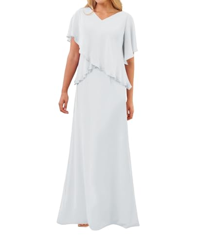 SPSMOKH Kleid für die Brautmutter langes Chiffon-elegantes Hochzeitskleid mit Ärmeln (Weiß, 32) von SPSMOKH