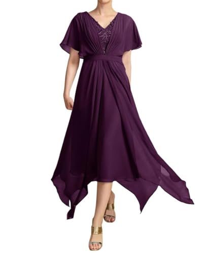 SPSMOKH Kleid mit V-Ausschnitt, Spitzenapplikationen, für die Brautmutter, Tee-Länge, Chiffon, Partykleid, Hochzeitsgästekleid, Pflaume, 22) von SPSMOKH