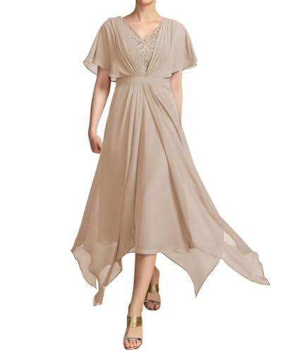 SPSMOKH Kleid mit V-Ausschnitt, Spitzenapplikationen, für die Brautmutter, Tee-Länge, Chiffon, Partykleid, Hochzeitsgästekleid, Taupe, 30) von SPSMOKH