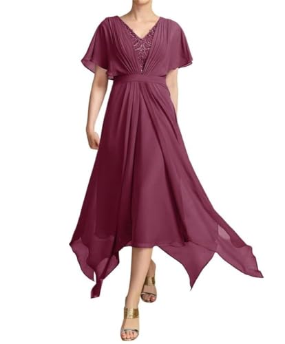 SPSMOKH Kleid mit V-Ausschnitt, Spitzenapplikationen, für die Brautmutter, Tee-Länge, Chiffon-Partykleider, Hochzeitsgästekleid, Himbeerrot, Größe 12 von SPSMOKH