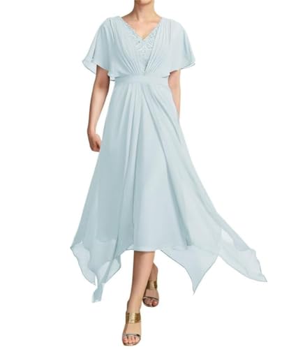 SPSMOKH Kleid mit V-Ausschnitt und Spitzenapplikationen, für die Brautmutter, Tee-Länge, Chiffon, Partykleid, Hochzeitsgästekleid (Bläulisch, 26) von SPSMOKH