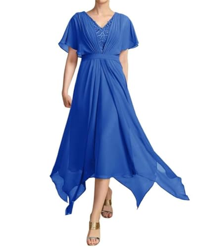 SPSMOKH Kleid mit V-Ausschnitt und Spitzenapplikationen, für die Brautmutter, Tee-Länge, Chiffon, Partykleid, Hochzeitsgästekleid (Dark Ocean, 8) von SPSMOKH