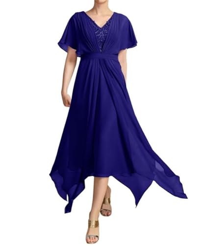 SPSMOKH Kleid mit V-Ausschnitt und Spitzenapplikationen, für die Brautmutter, Tee-Länge, Chiffon, Partykleid, Hochzeitsgästekleid (Königsblau, 16) von SPSMOKH