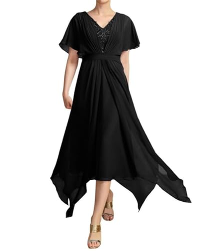 SPSMOKH Kleid mit V-Ausschnitt und Spitzenapplikationen, für die Brautmutter, Tee-Länge, Chiffon, Partykleid, Hochzeitsgästekleid (Schwarz, 10) von SPSMOKH