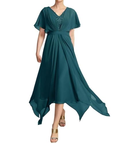 SPSMOKH Kleid mit V-Ausschnitt und Spitzenapplikationen, für die Brautmutter, Tee-Länge, Chiffon-Partykleider, Hochzeitsgästekleid (Pfau, 16) von SPSMOKH