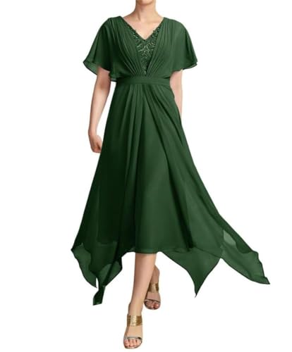 SPSMOKH Kleid mit V-Ausschnitt und Spitzenapplikationen, für die Brautmutter, Tee-Länge, Chiffon-Partykleider, Hochzeitsgästekleid (Smaragd, 30) von SPSMOKH