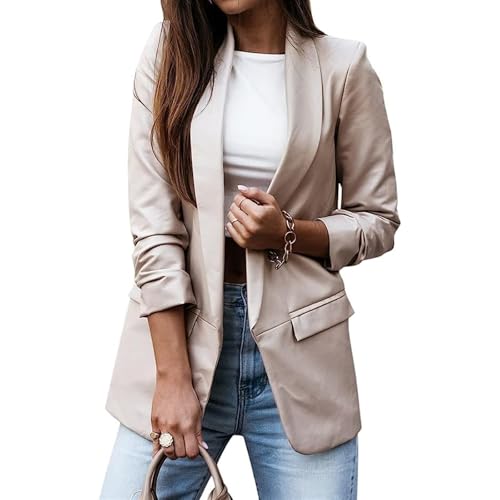 SPSMOKH Kunstlederjacke Damen Kunstleder Blazer Ledermantel Elegant Casual Anzugjacke Stretch Damenjacke Knopfleiste Slim Fit Trenchcoat Business Büro Blazer (Apricot, L) von SPSMOKH