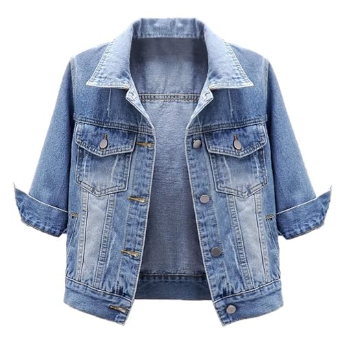 SPSMOKH Kurzärmelige Damen-Jeansjacke, kurze Ärmel, 3/4-Ärmel, zerrissen, Used-Look, Jeansjacke (Hellblau, XXL) von SPSMOKH