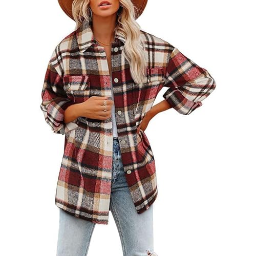 SPSMOKH Lässige Damen-Jacke aus Wollmischgewebe, kariert, Flanell, Button-Down-Shirt, Mantel, Rot, Größe XXL von SPSMOKH