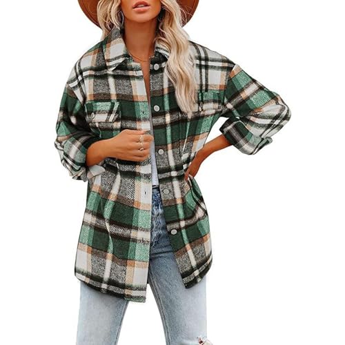 SPSMOKH Lässige Damen-Jacke aus Wollmischgewebe, kariert, Flanell, Button-Down-Shirt, Mantel (Grün AA, 3XL) von SPSMOKH