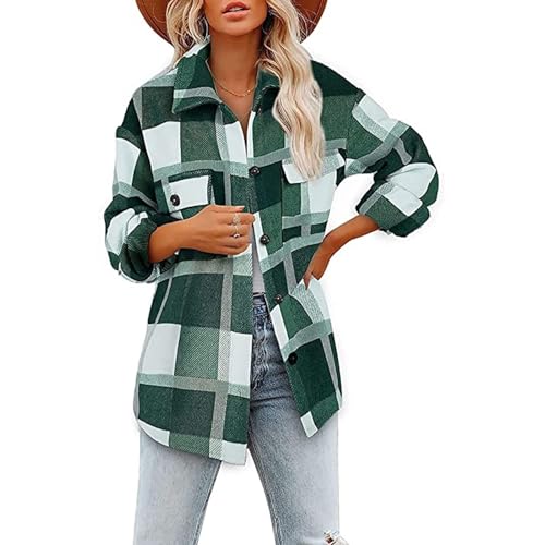 SPSMOKH Lässige Damen-Jacke aus Wollmischgewebe, kariert, Flanell, Button-Down-Shirt, Mantel (Grün B, S) von SPSMOKH