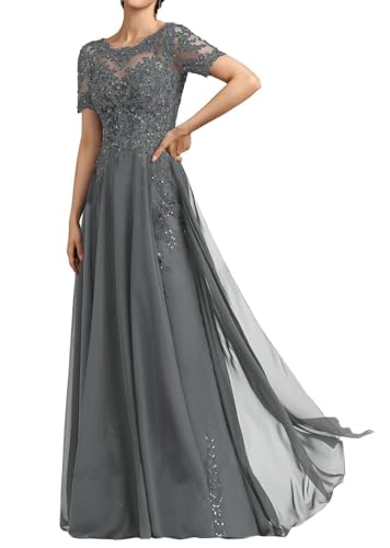 SPSMOKH Langes Damenkleid für die Brautmutter, Chiffon, Perlen, Spitze, Brautjungfernkleid mit 1/2-Ärmeln, formelle Kleider (Grau, 14) von SPSMOKH