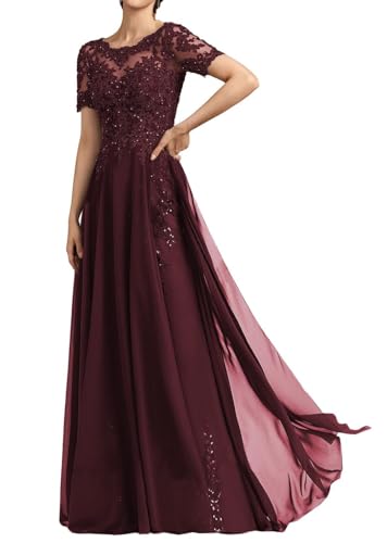 SPSMOKH Langes Damenkleid für die Brautmutter, Chiffon, Perlen, Spitze, Brautjungfernkleid mit 1/2 Ärmeln, formelle Kleider (dunkles Burgunderrot, 30) von SPSMOKH