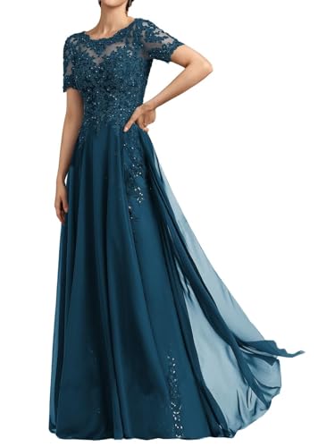 SPSMOKH Langes Damenkleid für die Brautmutter Chiffon Perlen Spitze Brautjungfernkleid mit 1/2 Ärmeln formelle Kleider (Blaugrün, 10) von SPSMOKH