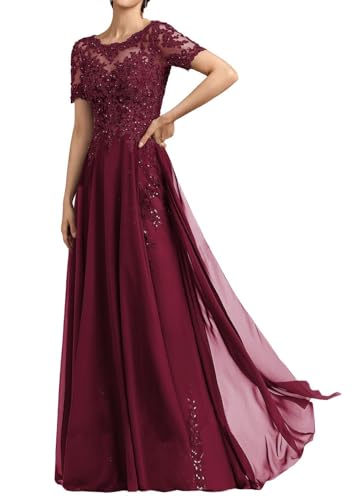 SPSMOKH Langes Damenkleid für die Brautmutter Chiffon Perlen Spitze Brautjungfernkleid mit 1/2 Ärmeln formelle Kleider (Burgunderrot, 24) von SPSMOKH