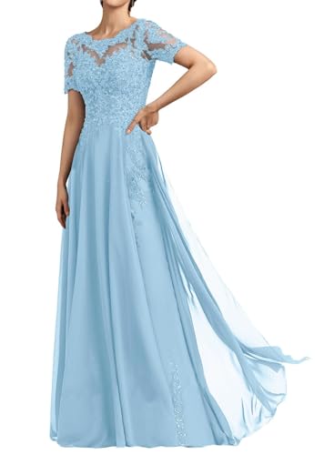 SPSMOKH Langes Damenkleid für die Brautmutter Chiffon Perlen Spitze Brautjungfernkleid mit 1/2 Ärmeln formelle Kleider (Himmelblau, 22) von SPSMOKH