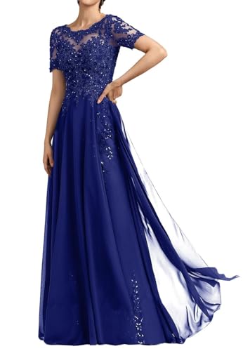 SPSMOKH Langes Damenkleid für die Brautmutter Chiffon Perlen Spitze Brautjungfernkleid mit 1/2 Ärmeln formelle Kleider (Königsblau, 30) von SPSMOKH