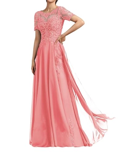 SPSMOKH Langes Damenkleid für die Brautmutter Chiffon Perlen Spitze Brautjungfernkleid mit 1/2 Ärmeln formelle Kleider (Koralle, 14) von SPSMOKH