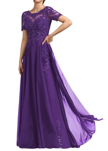 SPSMOKH Langes Damenkleid für die Brautmutter Chiffon Perlen Spitze Brautjungfernkleid mit 1/2 Ärmeln formelle Kleider (Lila, 10) von SPSMOKH