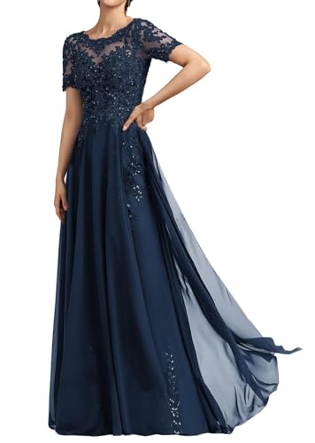 SPSMOKH Langes Damenkleid für die Brautmutter Chiffon Perlen Spitze Brautjungfernkleid mit 1/2 Ärmeln formelle Kleider (Marineblau, 20) von SPSMOKH