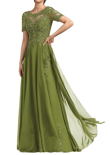 SPSMOKH Langes Damenkleid für die Brautmutter Chiffon Perlen Spitze Brautjungfernkleid mit 1/2 Ärmeln formelle Kleider (Olivgrün, 26) von SPSMOKH