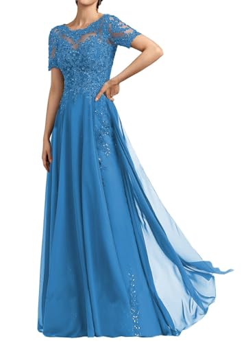 SPSMOKH Langes Damenkleid für die Brautmutter Chiffon Perlen Spitze Brautjungfernkleid mit 1/2 Ärmeln formelle Kleider (Ozeanblau, 22) von SPSMOKH