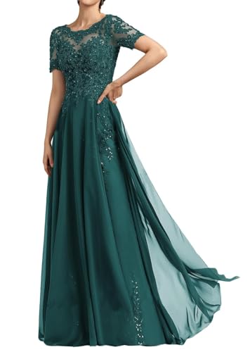 SPSMOKH Langes Damenkleid für die Brautmutter Chiffon Perlen Spitze Brautjungfernkleid mit 1/2 Ärmeln formelle Kleider (Pfau, 24) von SPSMOKH