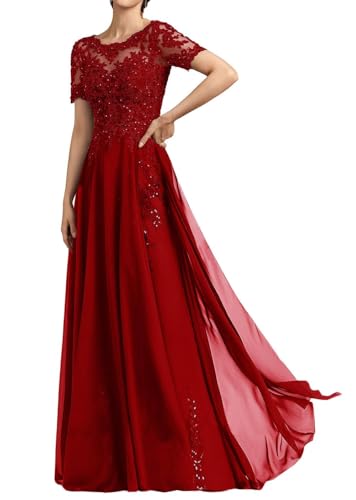 SPSMOKH Langes Damenkleid für die Brautmutter Chiffon Perlen Spitze Brautjungfernkleid mit 1/2 Ärmeln formelle Kleider (Rot, 26) von SPSMOKH