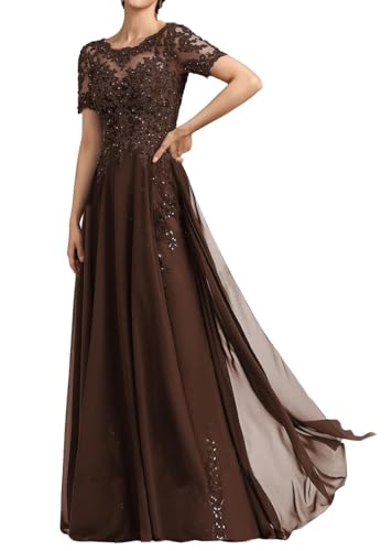 SPSMOKH Langes Damenkleid für die Brautmutter Chiffon Perlen Spitze Brautjungfernkleid mit 1/2 Ärmeln formelle Kleider (Schokolade, 10) von SPSMOKH