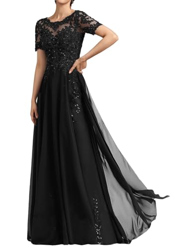 SPSMOKH Langes Damenkleid für die Brautmutter Chiffon Perlen Spitze Brautjungfernkleid mit 1/2 Ärmeln formelle Kleider (Schwarz, 12) von SPSMOKH