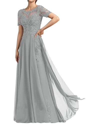 SPSMOKH Langes Damenkleid für die Brautmutter Chiffon Perlen Spitze Brautjungfernkleid mit 1/2 Ärmeln formelle Kleider (Silbergrau, 8) von SPSMOKH