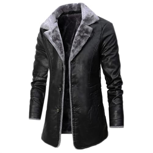 SPSMOKH Mantel für Herren, Schafspelz, langärmelig, Strickjacke mit einfarbigen Komfortknöpfen, einfarbig, Sweatshirts, lässige Fleece-Bluse, Winter, Biker-Lederjacke, Pelzmantel (schwarz, L) von SPSMOKH