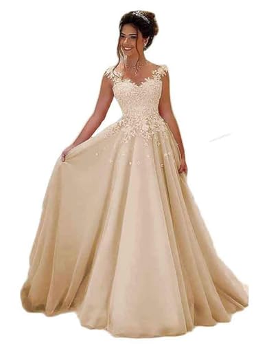 SPSMOKH Spitze Ballkleider Lang Formelles Abendkleid Prinzessin A-Linie Hochzeit Gäste Kleid Ärmellos Partykleider (Champagner, 8) von SPSMOKH