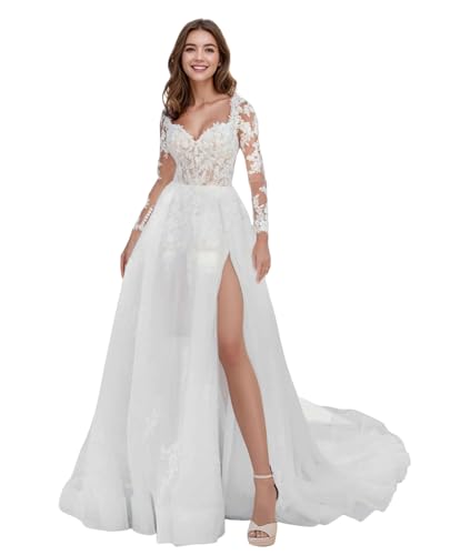 SPSMOKH Spitze Tüll Langarm Brautkleid für Braut Schlitz Strand Hochzeitskleid für Braut (Weiß, 28) von SPSMOKH