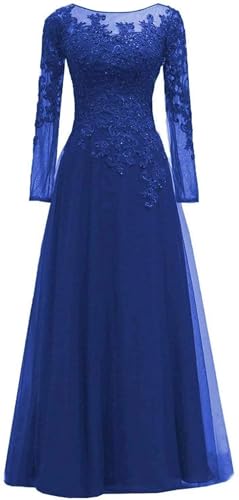 SPSMOKH Tüll Abendkleider Spitze Ballkleid Lang A-Linie Brautjungfernkleider Hochzeitskleid Vintage Partykleid Langarm (Königsblau, 10) von SPSMOKH