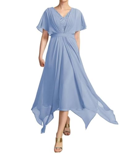 SPSMOKH V-Ausschnitt Spitze Applikationen Mutter der Braut Kleider Teelänge Chiffon Partykleider Hochzeitsgast Kleid (Dusty Blue, 8) von SPSMOKH