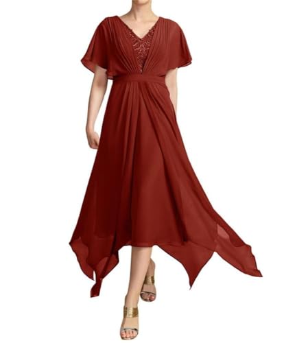 SPSMOKH V-Ausschnitt Spitze Applikationen Mutter der Braut Kleider Teelänge Chiffon Partykleider Hochzeitsgast Kleid (Rostfarben, 12) von SPSMOKH